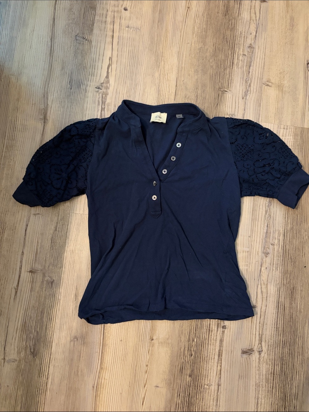 Tahari Navy Elie Knit Top with Lace Accents